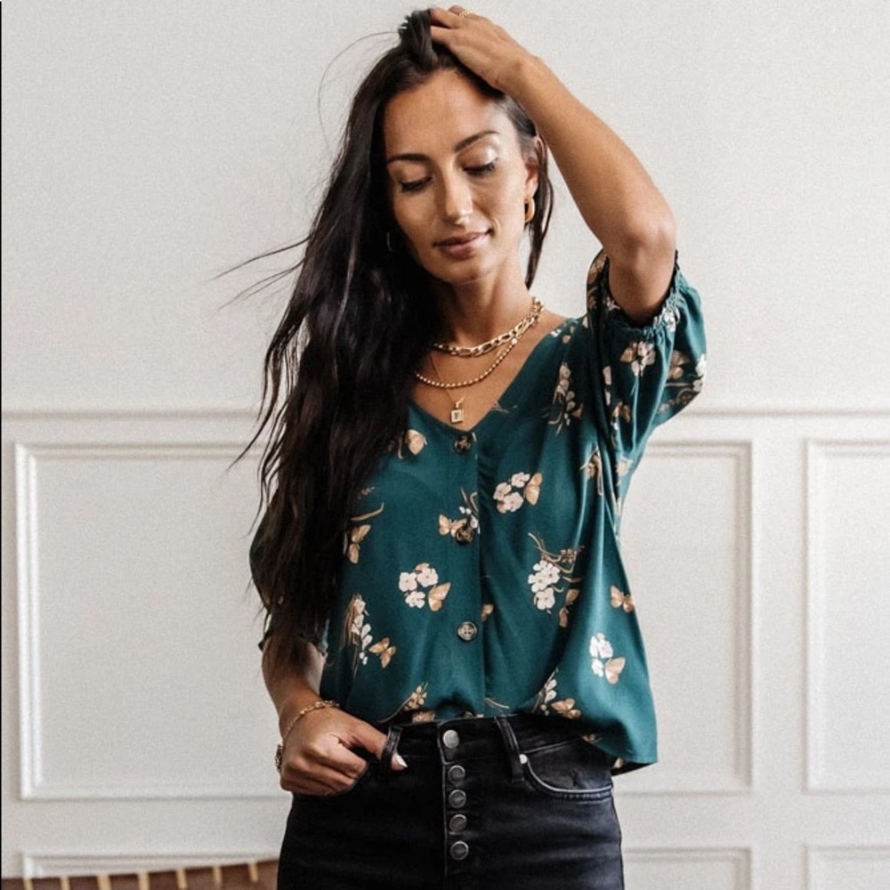 Boho Teal floral V-Neck